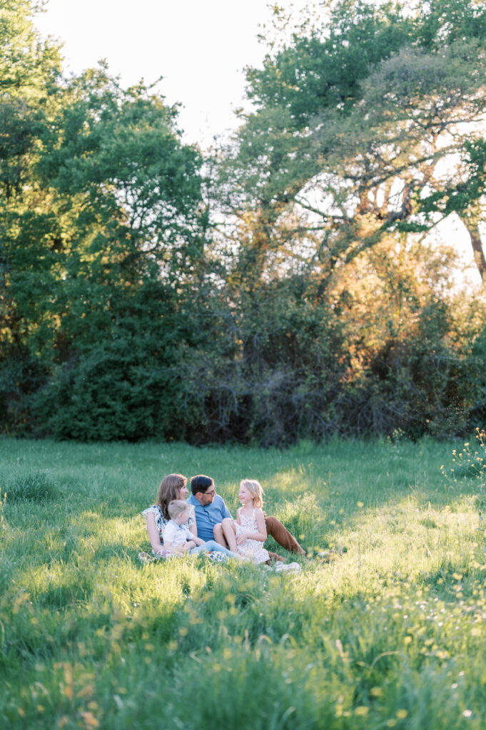 family sits in a wildflower field in fort worth
