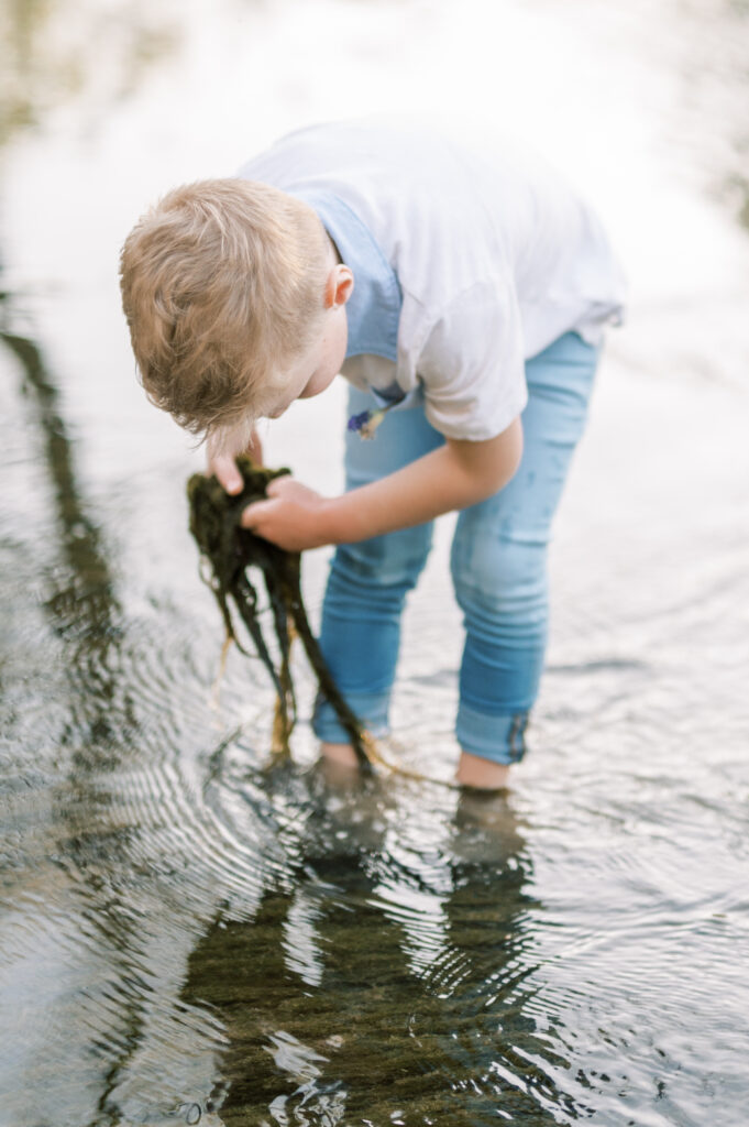 a boy pulls up creek moss while playing in a fort worth creek