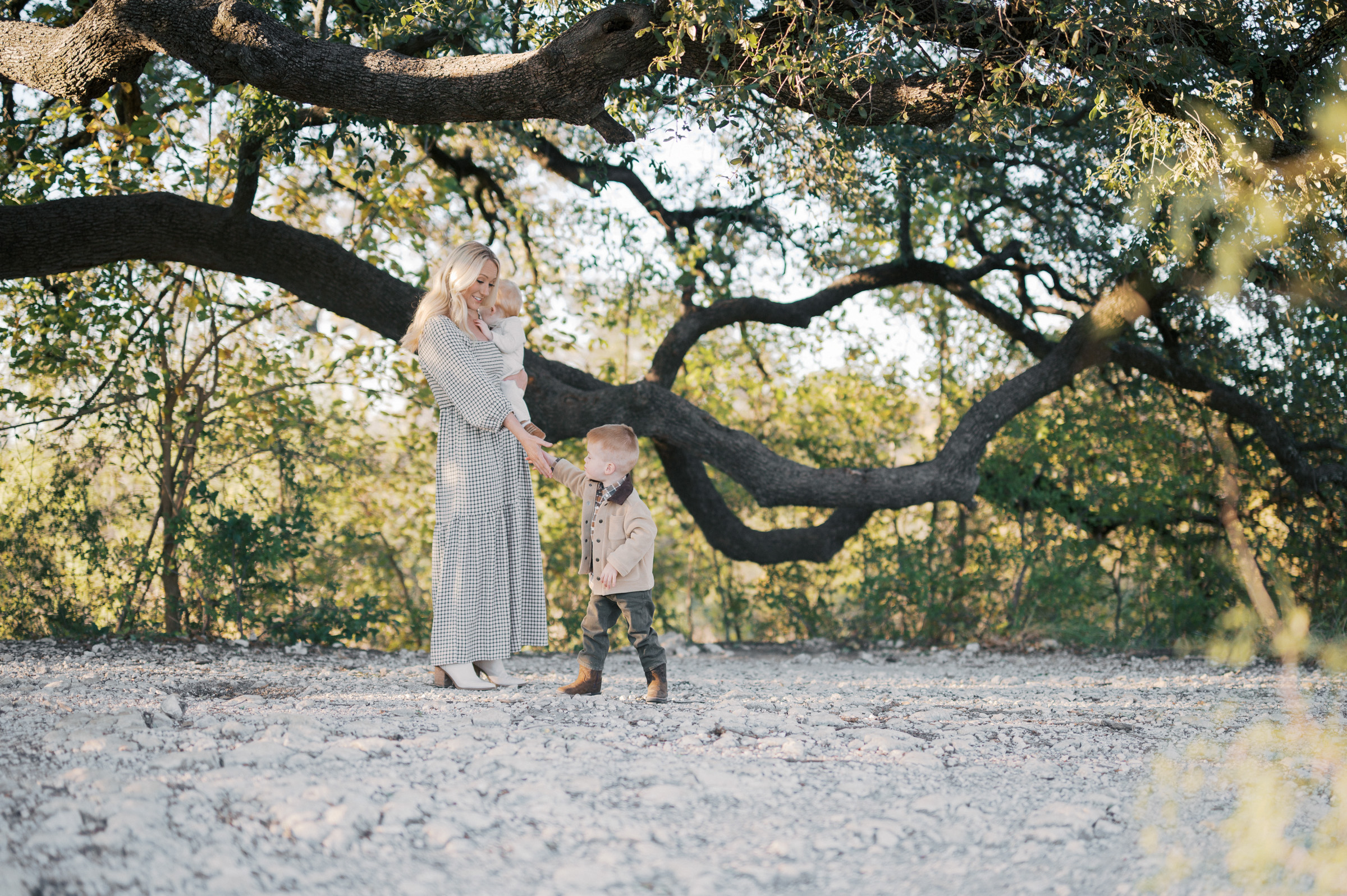mom and kids in front of a tree with light shining during fort worth fall family photos
