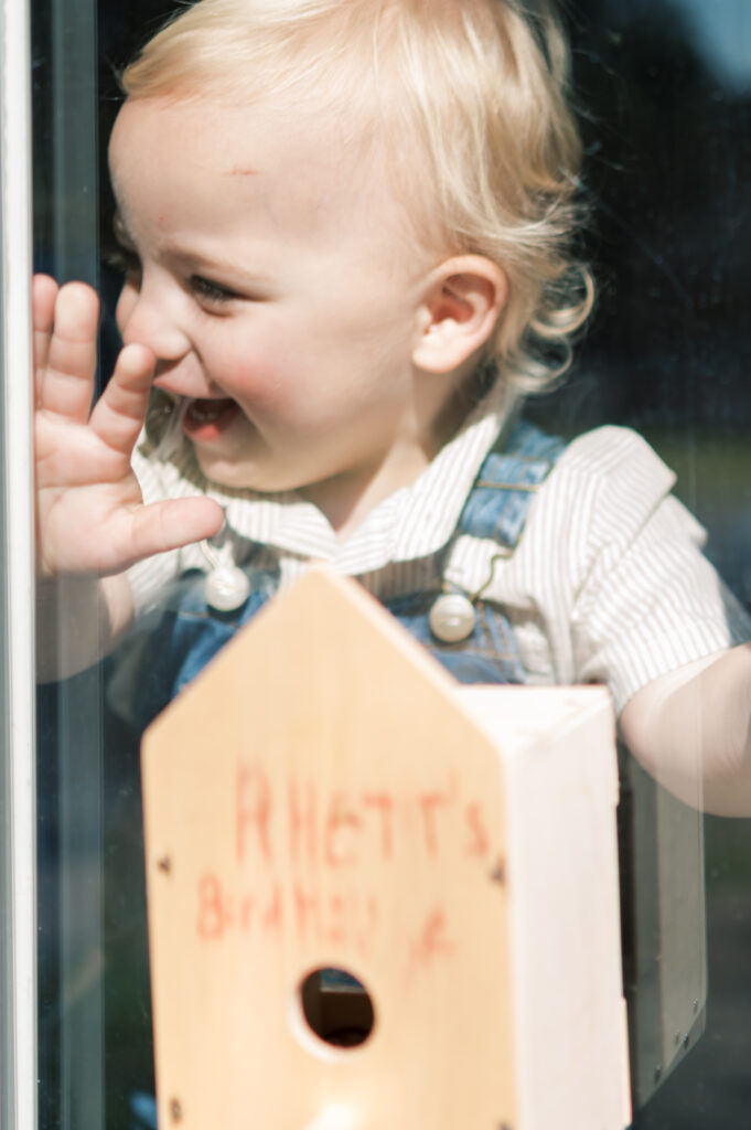 toddler looks out family window next to birdhouse