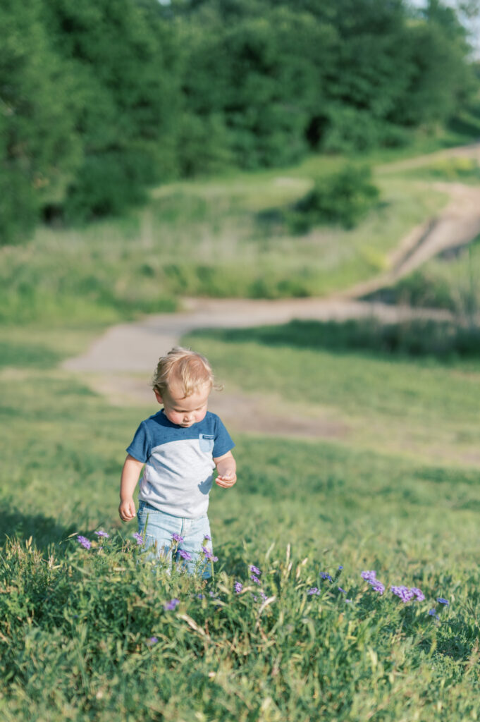 boy walks through field of flowers outside during family photo session