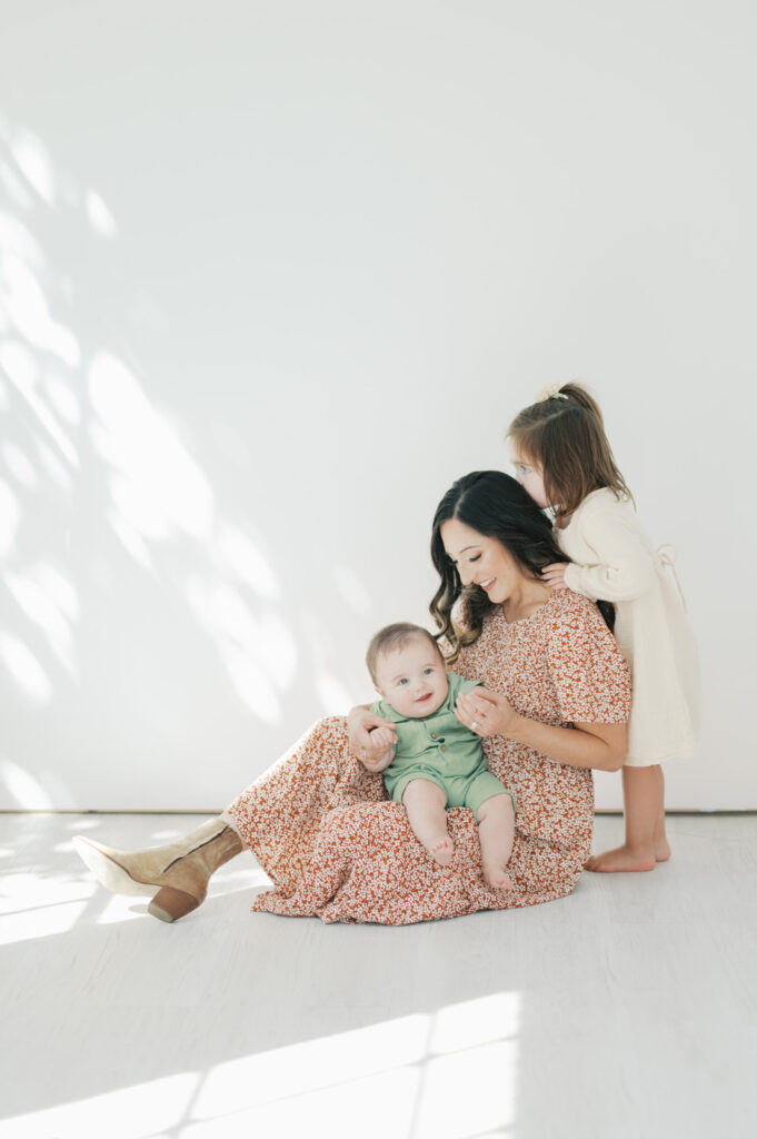 studio fall family photos in fort worth, mom and two kids