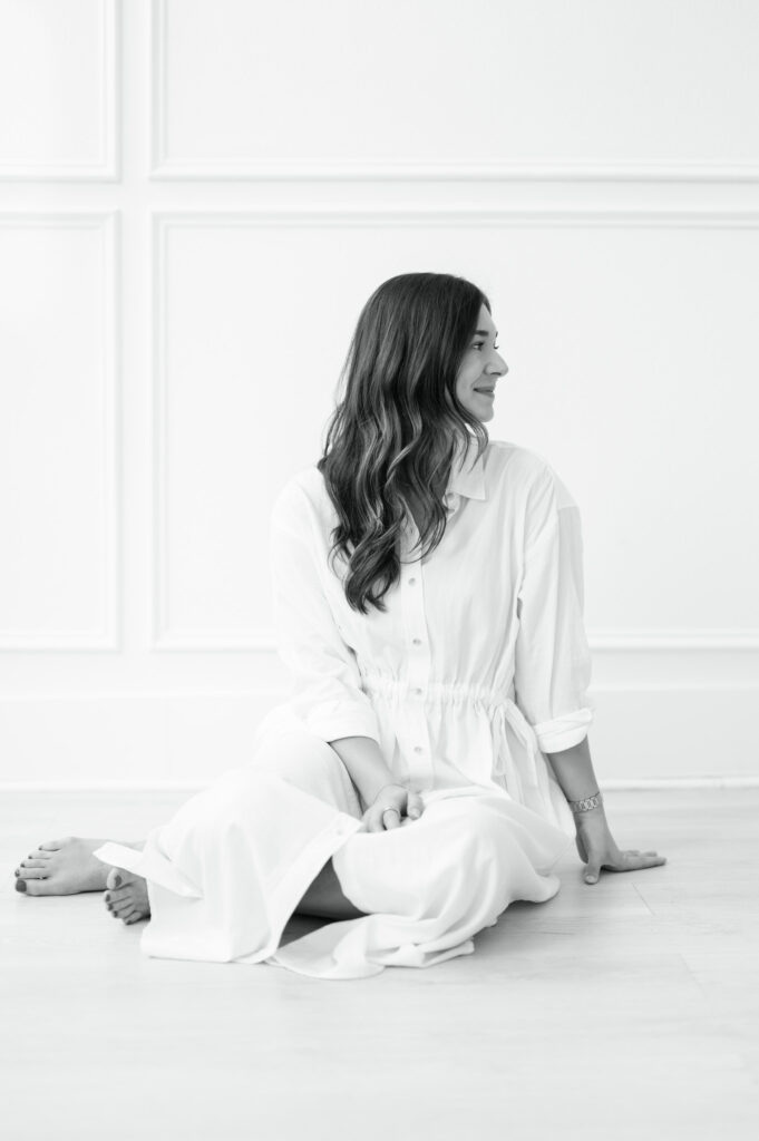 portrait of mother in studio in black and white