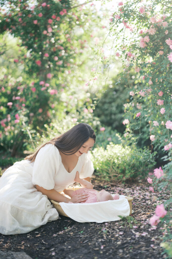 outdoor newborn session at the rose garden in the fort worth botanic garden
