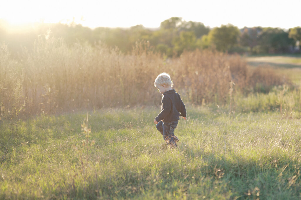 little boy walks into a field during fall family photos in fort worth field