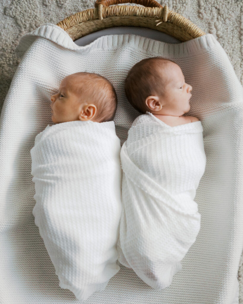 twin newborns lay in baby basket together