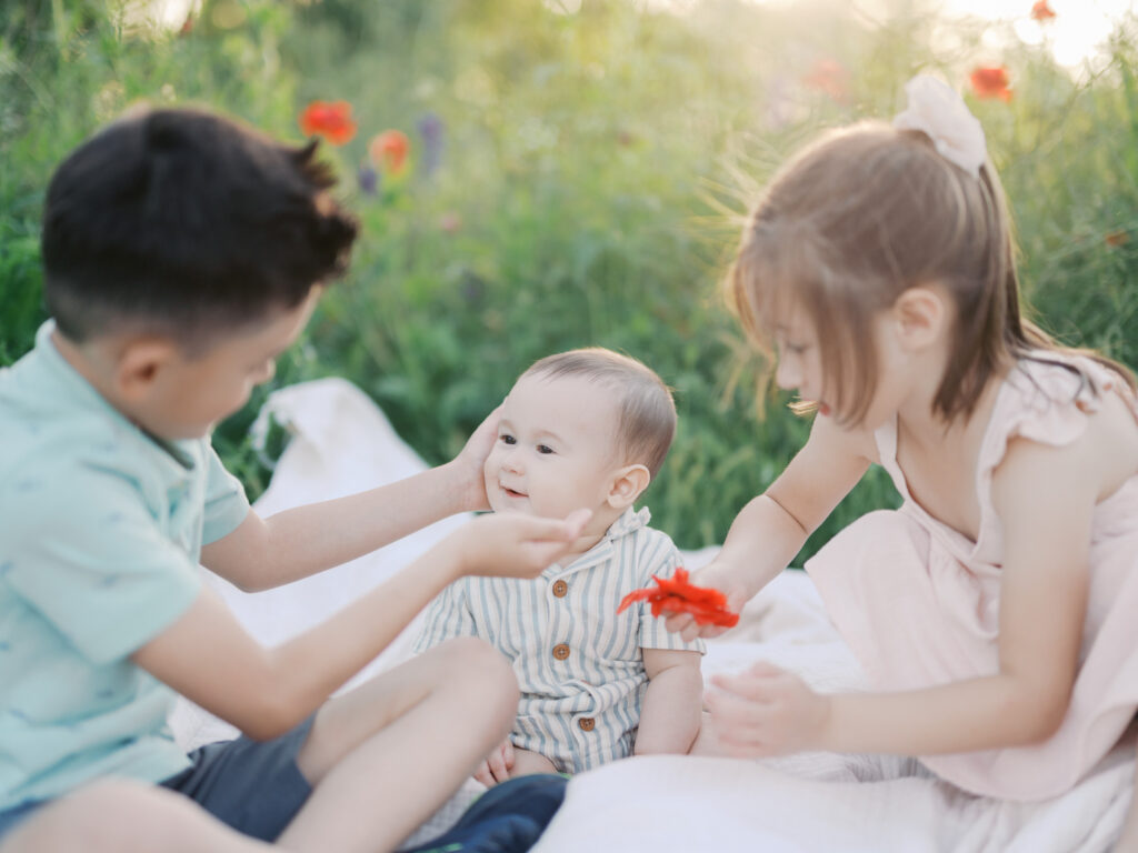 siblings sit in a wildflower field, older sibling touches baby's cheeks